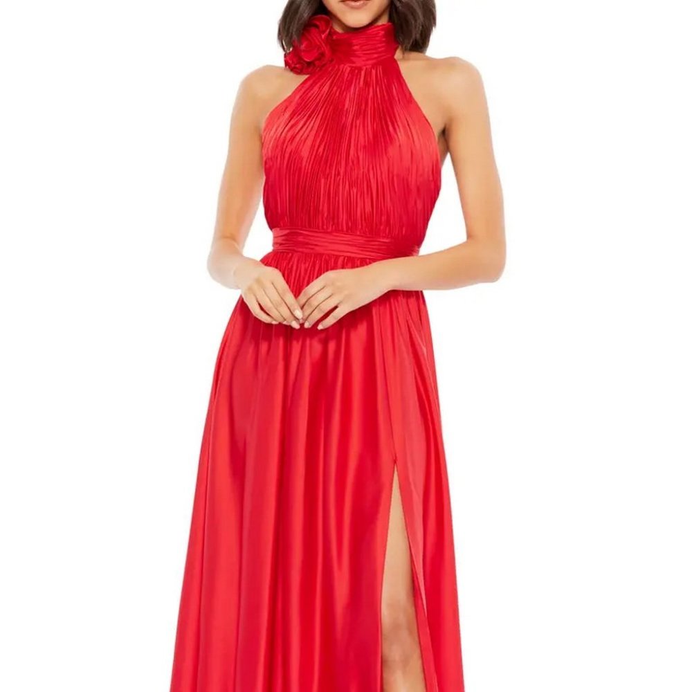 Mac Duggal Cherry Red Rosette Halter Gown